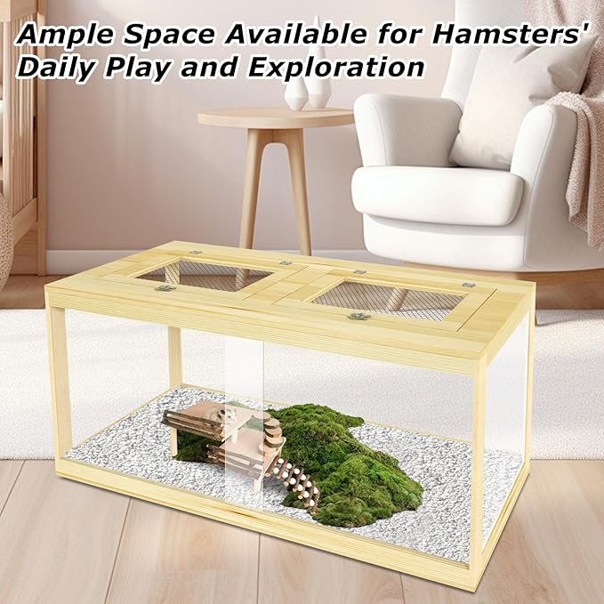 32" Hamster Habitat Enclosure, Lockable Sliding Door Gerbil Cage, Dwarf Hamster Cage with Metal Mesh Roof, Chewproof Syrian Hamster Cage for Mice, Small Animal, (Wooden, 32" L x 16" W x 16" H)-Mewly Pet