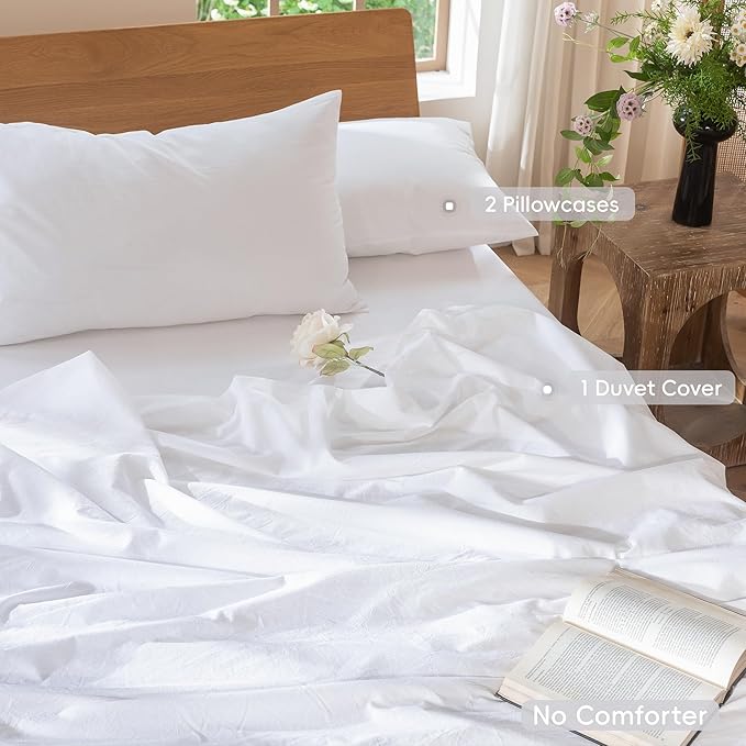 MooMee Bedding Duvet Cover Set 100% Washed Cotton Linen Like Textured Breathable Durable Soft Comfy (Solid Bright White, Oversized King Plus 128"x120")
