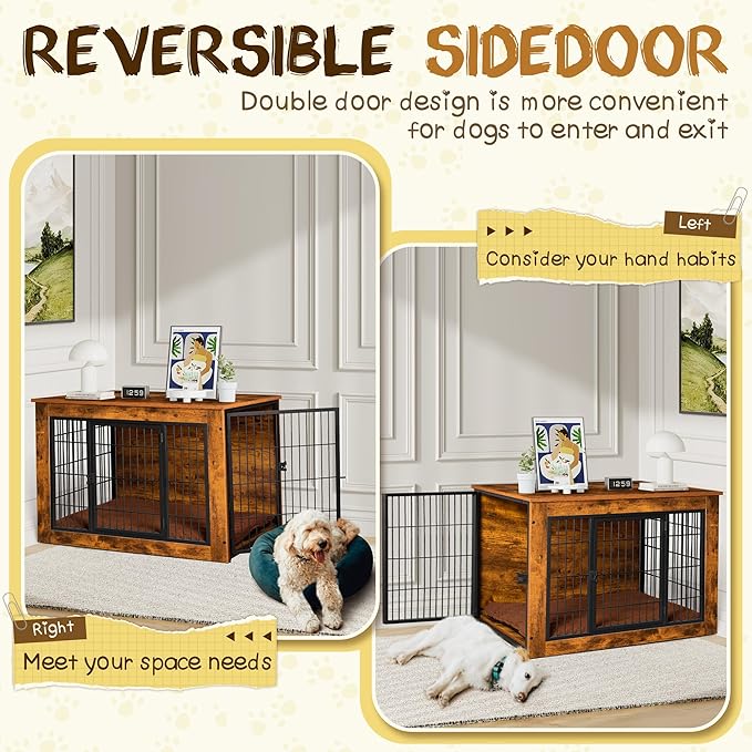 Bigrab Dog Crate Furniture with Thick Cushion, Side End Table Wooden Dog Cage with Double Doors, Chew-Resistant Dog Kennel Dog House Indoor for Small to Large Dog, L-Mewly Pet