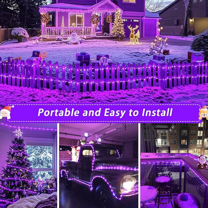 JMEXSUSS 2 Pack Purple Lights Battery Operated Halloween Lights Outdoor Waterproof, Each 33 ft 100 LED Battery Powered Rope Lights, Purple String Light with Remote for Balcony Garden Halloween Decor