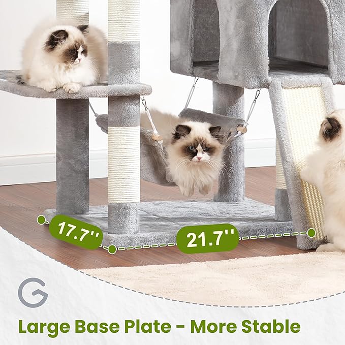 Cat Tree for Indoor Cats, 71'' (180cm) Multi-Level Cat Tower for Large Adult, Sturdy Cat Tree House with 2 Scratching Boards 7 Posts, 2 Plush Perches/Condos, Hammock, Light Gray GCT032W-Mewly Pet