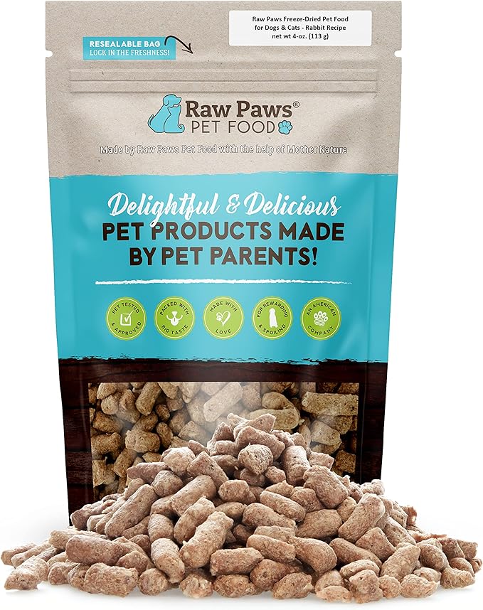 Raw Paws Freeze-Dried Pet Food for Dogs & Cats- Rabbit Recipe, 4-oz - USA Raw Dog Treats for Training - Cat and Dog Treats - 100% Rabbit Meat, No Added Hormones or Antibiotics-Mewly Pet