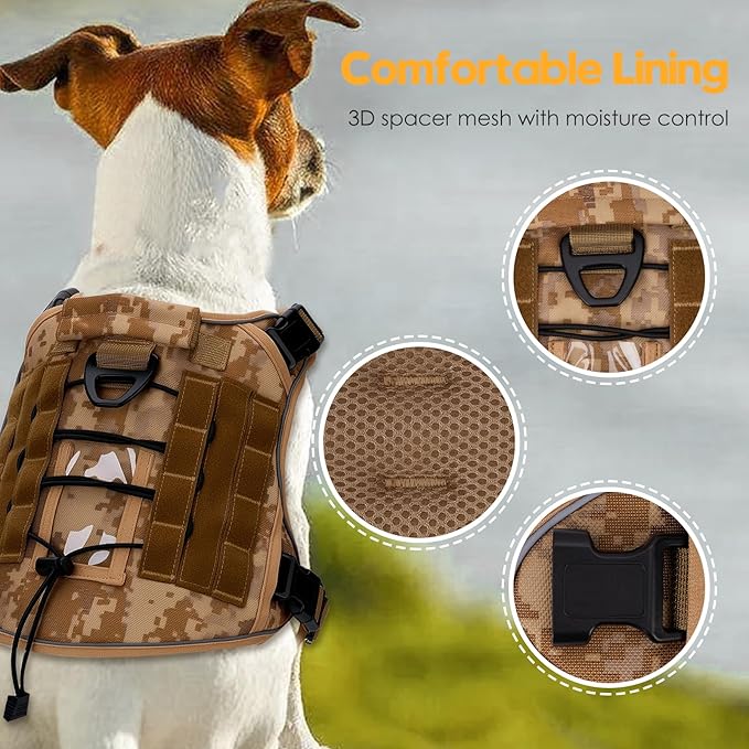 Heavy-Duty Tactical Dog Harness for Large Dogs, No Pull Adjustable Reflective Pet Vest with Molle System, K9 Military-Grade Control for Service Training, Outdoor & 10+ Breeds, Khaki Camo, X-Large-Mewly Pet