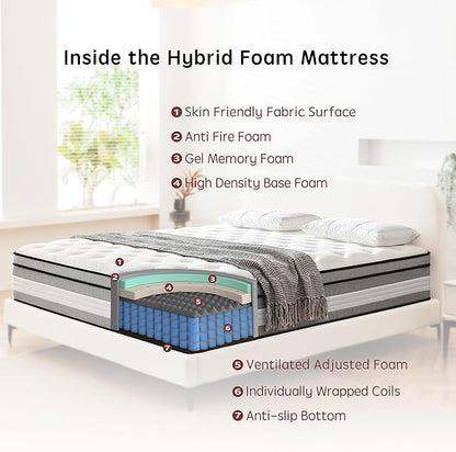 King Mattress,14 Inch King Size Mattress in a Box,Gel Memory Foam and Innerspring Hybrid Mattresses with Individual Pocket Spring for Motion Isolation,Medium Firm Feel,CertiPUR-US