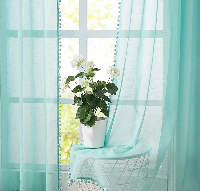 Treatmentex Pompom Sheer Curtain Panels 84inch Long Living Room Bedroom Window Curtain Drapes for School, Kindergarten 52" Width Each Panel. 1 Pair Rod Pocket Aqua