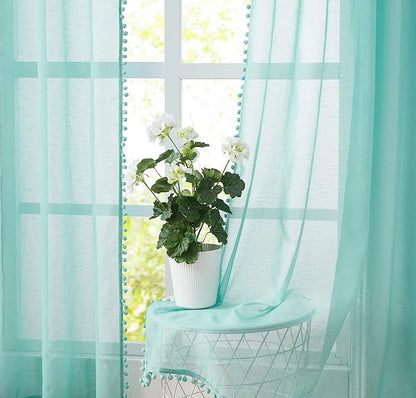 Treatmentex Aqua-Blue Pom-Pom Sheer Curtains for Bedroom Nursery Room 63inches Long Linen Textured Window Sheer Drapes 52" W, 1 Pair, Rod Pocket