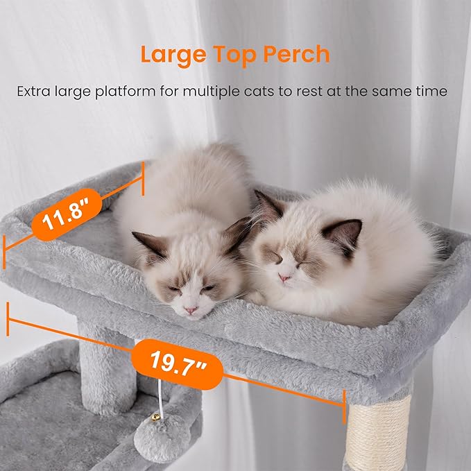 Heybly Tall Cat Tree, 78-inch Multi-Level Cat Tower for Indoor Cats, 2 Widened Plush Perches Cat Condo with Scratching Board and Big Caves, Light Gray HCT033W-Mewly Pet