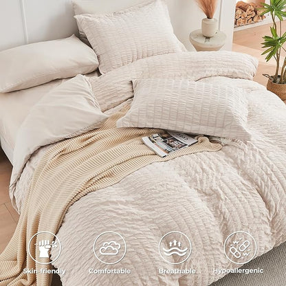 HYMOKEGE Beige Full Size Comforter Sets Seersucker 7 Pieces, All Season Luxury Bed in a Bag for Bedroom, Bedding Set with Comforters, Sheets, Pillowcases & Shams