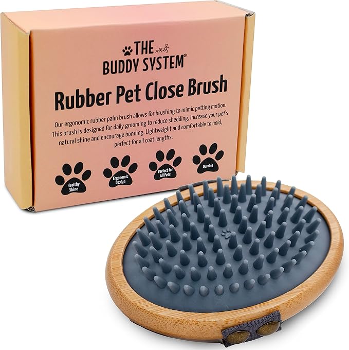 The Buddy System Rubber Pet Close Brush, Soft Touch Oval Palm Brush - Bamboo Massage Handheld with Rubber Bristles and Elastic Band for Dogs and Cats - Gray-Mewly Pet