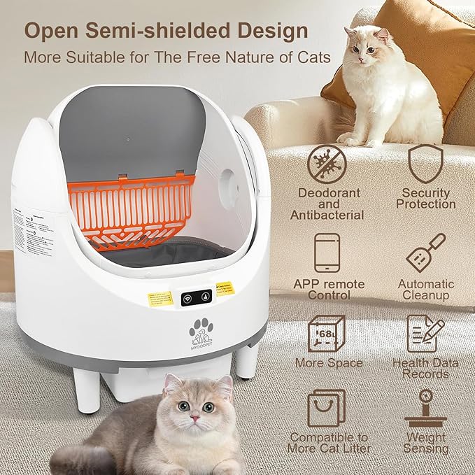 Self Cleaning Cat Litter Box, Automatic Cat Litter Box for Multiple Cats, Open-Top Design with Safety Protection, Smart Health Monitor, Smart App Control, Odor-Free-Mewly Pet