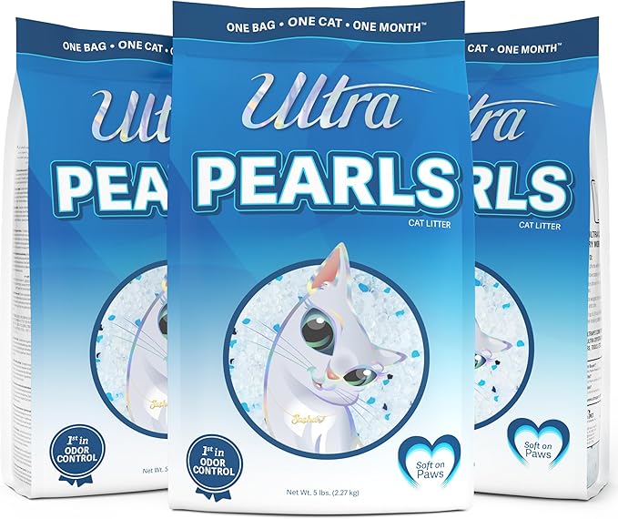Ultra Pearls Premium Cat Litter - 99.9% Dust Free, Low Tracking, Soft on Paws, Fragrance Free - 15 Lbs. Total (3pk of 5 Lbs.)-Mewly Pet