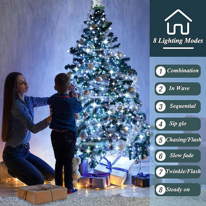 Christmas Tree Lights String, 200LED Christmas Lights for Tree with 8 Light Modes & Memory Function, 5FT x 10 String Lights with Timing & Remote Control for Xmas Holiday Decorations - Cold White