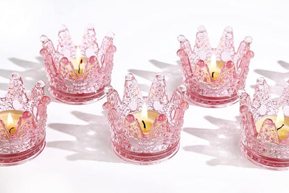 Vixdonos Votive Candle Holders Set of 6 Crown Glass Tealight Candle Holder for Wedding, Party and Home Decor (Pink)