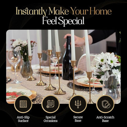 Gold Candleholders for Taper Candlesticks Plus Candle Snuffer – Dining Table Décor Centrepiece - Brass Candelabra Candlestick Holder - Gold Décor for Home Weddings Celebrations Events (Set of 6 Pcs)