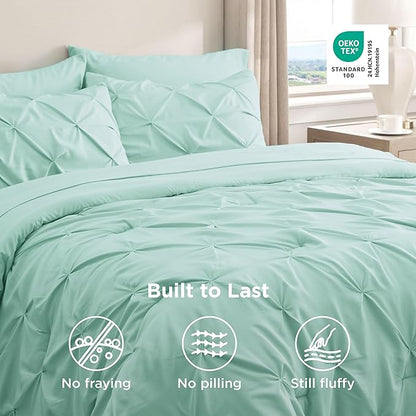 Bedsure Twin Comforter Set Mint Green - Bed in a Bag Twin Size Bedding 5 Pieces, GentleSoft™ Pintuck Bed Set Gift for Family, Pinch Pleat Mint Green Comforter with Sheets, Pillowcase & Sham