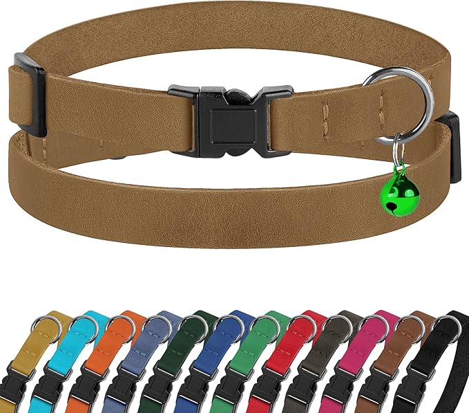 Breakaway Cat Collar Leather with Removable Bell - 13 Colors Available - Soft Adjustable Girl Boy Safety Lightweight Pet Kitten Collars Pink Brown Blue Green Red Orange Black (Brown)-Mewly Pet