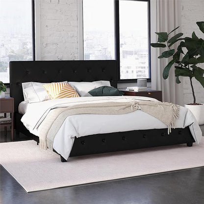 DHP Dakota Upholstered Platform Bed with Diamond Button Tufted Headboard and Footboard, No Box Spring Needed, Full, Black Faux Leather
