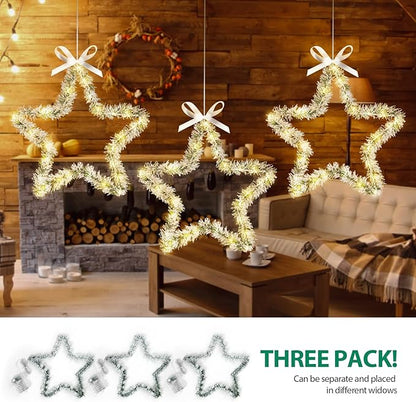 MAOYUE Christmas Window Lights 3 Pack Christmas Star Lights with Snow Pine Leaves Battery Operated Christmas Lights for Outdoor Christmas Decorations, Window, Indoor, Door, Porch, Party, Warm White