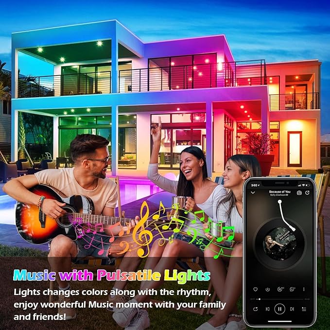 200Ft Outdoor LED Strip Lights Waterproof,Music Sync RGB IP68 Outside Led Light Strips Waterproofs with App and Remote,Exterior Led Rope Lights Waterproof for Deck,Balcony,Roof,Garden,Pool