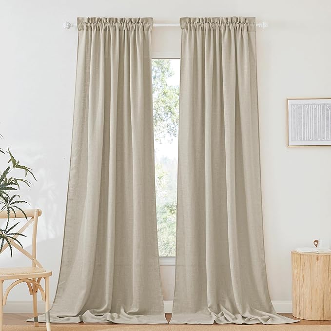 RYB HOME Semi Sheer Curtains 102 inches Long, Breathable Light Filtration Half Privacy Window Curtains & Drapes for Bedroom Living Room, Beige, W 52 x L 102 inches, 2 Panels Set