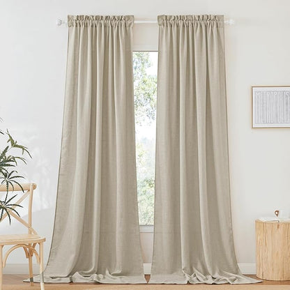 RYB HOME Semi Sheer Curtains - Linen Sheer Curtains Privacy Window Decor for Living Room Home Office Cafe Bay Window, Beige, 52 x 108 inch Long, 2 Pcs
