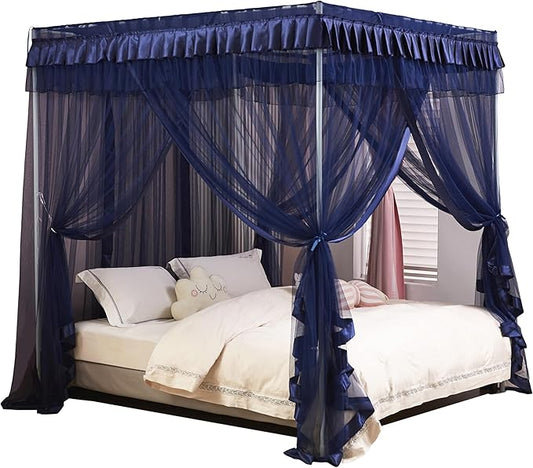 Mengersi Canopy Bed Curtains Bed Canopy Royal Luxurious Cozy Drapes Netting- Elegant Bed Sheer Bedroom Decoration Accessories for Adults(Navy Blue,Queen)