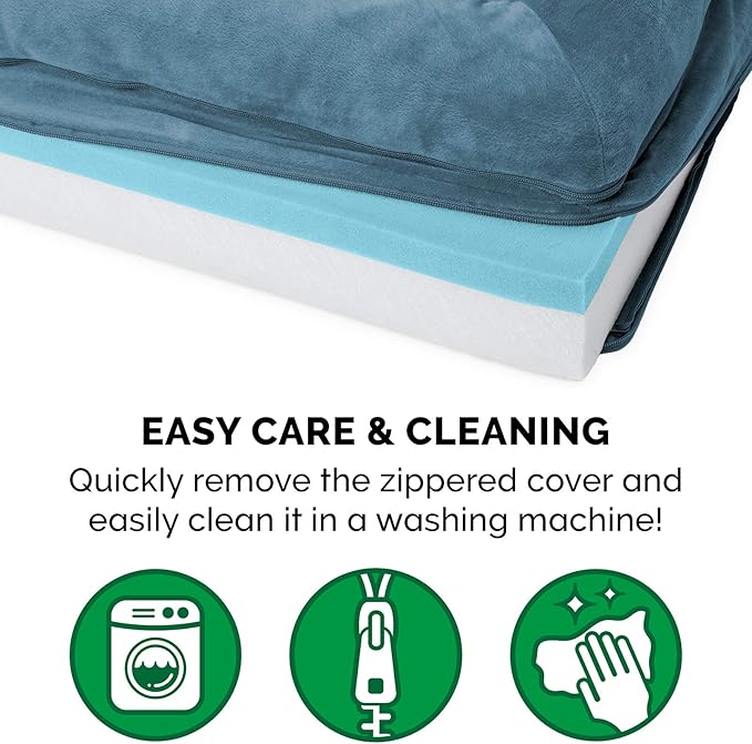 Furhaven Cooling Gel Dog Bed for Medium/Small Dogs w/ Removable Bolsters & Washable Cover, For Dogs Up to 35 lbs - Faux Fur & Velvet Sofa - Harbor Blue, Medium-Mewly Pet