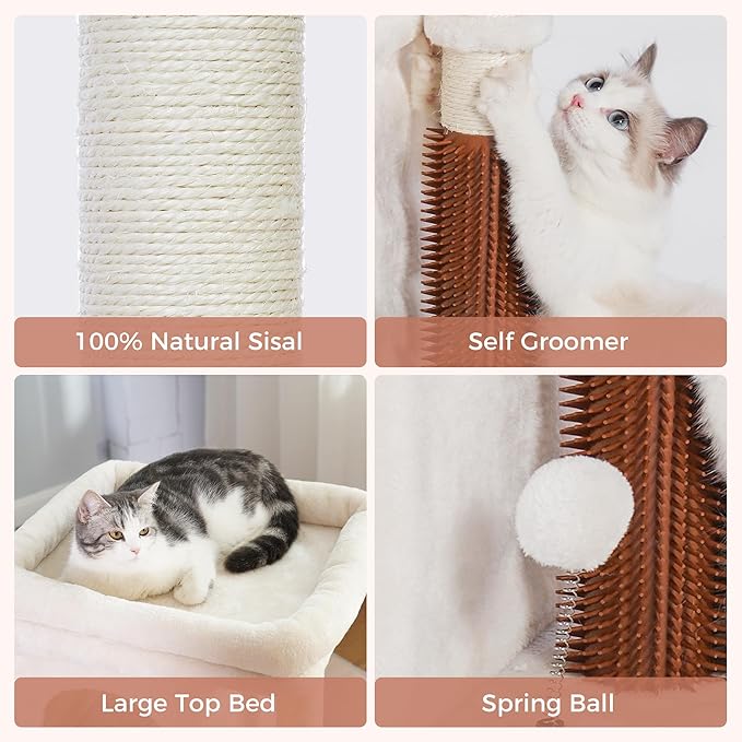 Cat Tree with Large Top Bed 17.7x15.7” Small Cat Tower with Dual Condos,28” Fully Scratching Post and Self Groomer for Indoor Cats-Beige-Mewly Pet