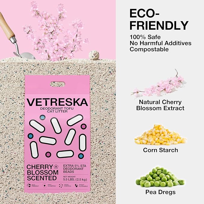 VETRESKA Cherry Blossom Tofu Cat Litter,Natural Pretty Kitty Litter Strong Clumping Flushable Cat Litter Pellets Ultra Absorbent,Dust-Free,Low Tracking,Deodorant Tofu Litter Compostable(5.5lb×4bags)-Mewly Pet