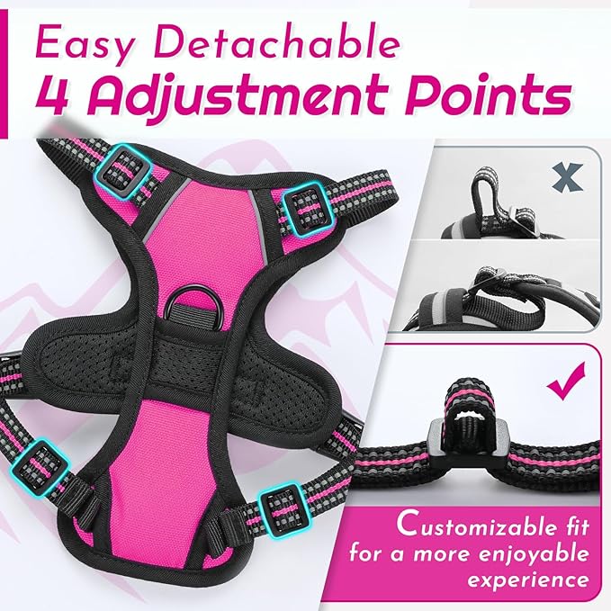 Eagloo Small Dog Harness No Pull, Service Vest with Reflective Strips and Control Handle, Adjustable and Comfortable for Easy Walking, No Choke Pet Harness with 2 Metal Rings, Rose Red, XS-Mewly Pet