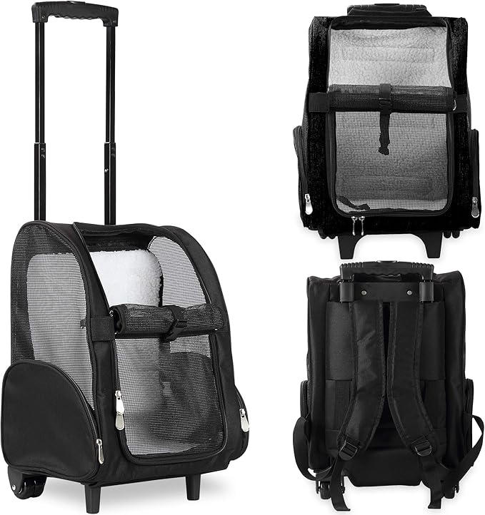 KOPEKS Deluxe Backpack Pet Travel Carrier with Double Wheels for Pets up to 10 Pounds - Black - Approved by Most Airlines-Mewly Pet
