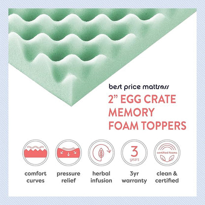 Best Price Mattress 2 Inch Egg Crate Memory Foam Mattress Topper with Calming Aloe Infusion, CertiPUR-US Certified, King,Green