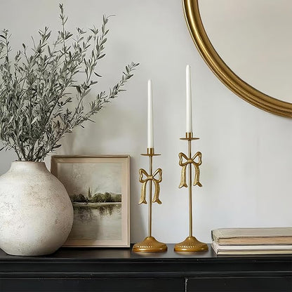 Bow Taper Candle Holders, Set of 2 Candle Stick Holders Set, Modern Decorative Centerpiece for Table Mantel Wedding Housewarming Gift (Vintage Gold)