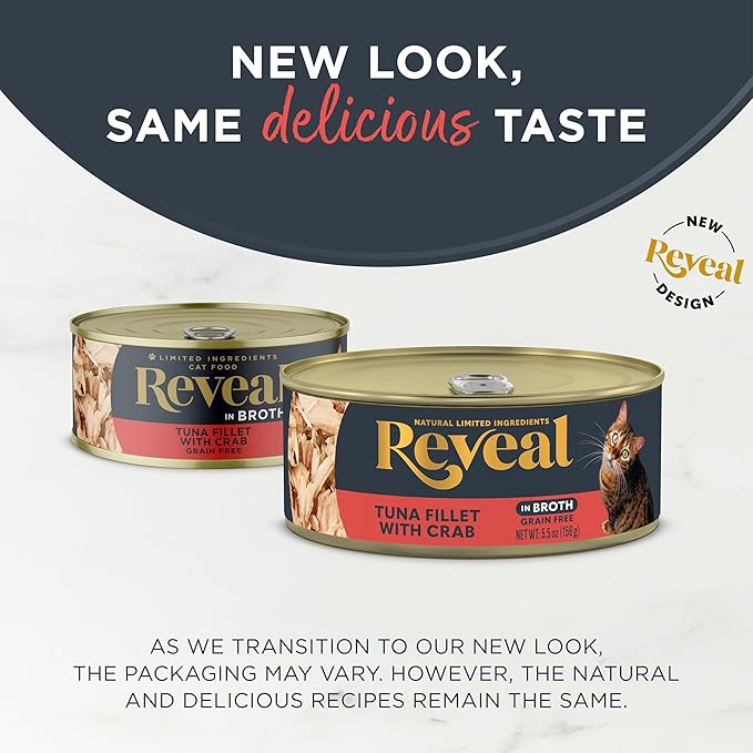 Reveal Natural Wet Cat Food, 12 Count, Grain Free, Limited Ingredient Canned Food for Cats, Tuna Fillet with Crab in Broth, 5.5 oz Cans-Mewly Pet