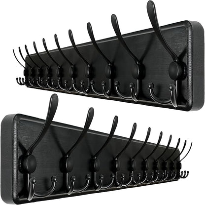 WEBI Coat Rack Wall Mount,38 9/16" Long,10 Tri Hooks for Hanging Coats,16" Hole to Hole,Wood Coat Hooks Wall Mounted,Wall Coat Hanger for Clothes,Jacket,Hats,Rustic Black,2 Packs