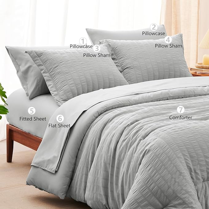 CozyLux King Size Comforter Set Light Grey Seersucker 7 Pieces Bed in a Bag King Comforter Set with Sheets, Luxury Bedding Set with Down Alternative Comforter, Sheets, Pillowcases & Shams All Seasons