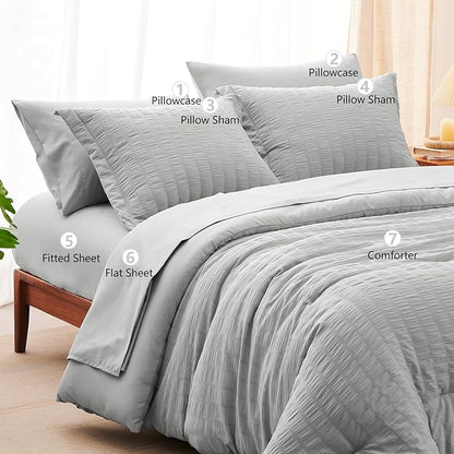 CozyLux Full Bed in a Bag Light Grey Seersucker Textured Comforter Set with Sheets 7-Pieces All Season Bedding Sets with Comforter, Pillow Sham, Flat Sheet, Fitted Sheet and Pillowcase