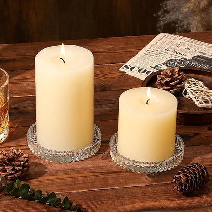 Hurricane Glass Candle Holders Set of 2, Serrated Round Candle Stand for Pillar Candles Modern CandleHolders Cylinder Chimney Cover for Outdoor Wedding Decor Parties & Table Centerpieces