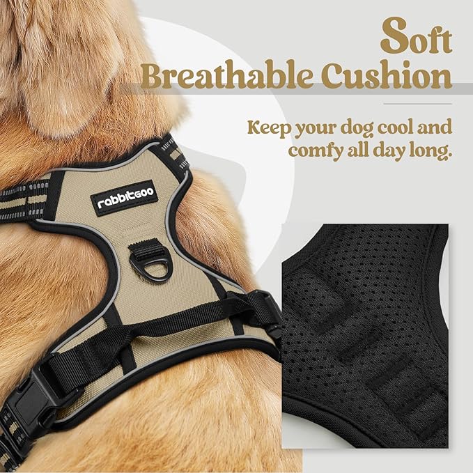 rabbitgoo Dog Harness No Pull with 2 Leash Clips, Adjustable Soft Padded, Reflective Oxford No Choke Pet Vest with Easy Control Handle for Large Dogs, Beige, XL-Mewly Pet