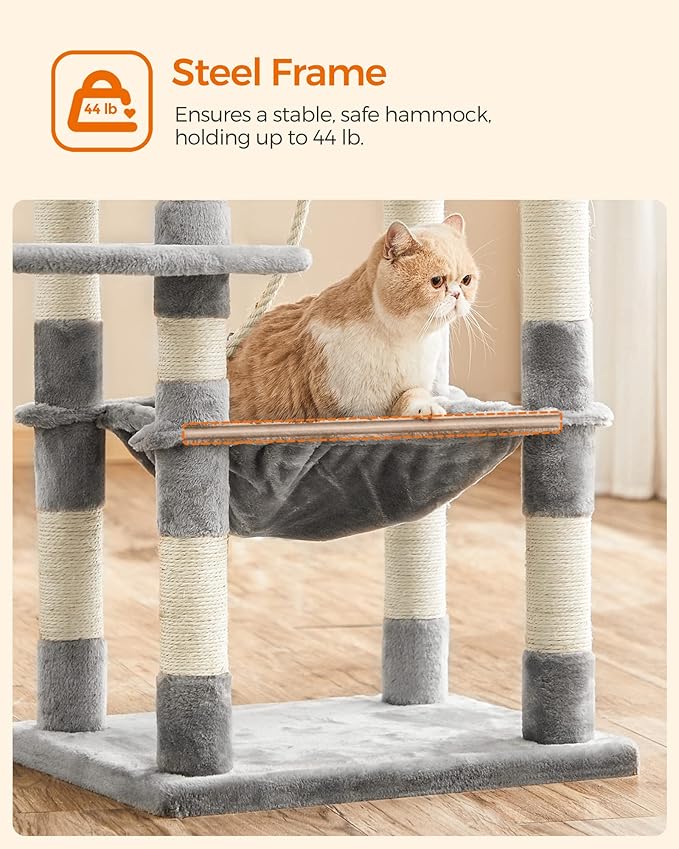 FEANDREA Cat Tree, Cat Tower for Indoor Cats, 56.3-Inch Cat Condo with Scratching Posts, Hammock, Plush Perch, Light Gray UPCT15W-Mewly Pet