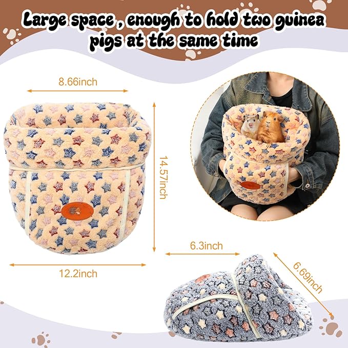 Wenqik 2 Pcs Guinea Pig Bed Cuddle Warm Hideout Small Animal Sack Cozy House Bedding Sleeping Cushion Portable Pet Carrier Cage Nest for Rabbit Hamster Rat (Blue, Khaki,Star)