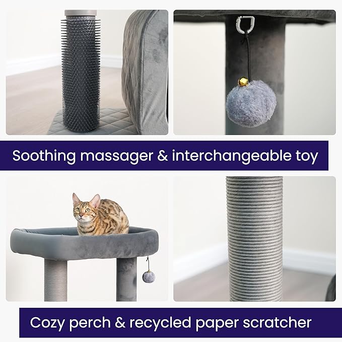 Catry 30" High 3 Level Modern Cat Tree with Large Base Condo,Removable Washable Top Bed, Recycled Paper Scratching Post, Self Grooming Brush, for Small Medium Cat(Dim Gray)-Mewly Pet