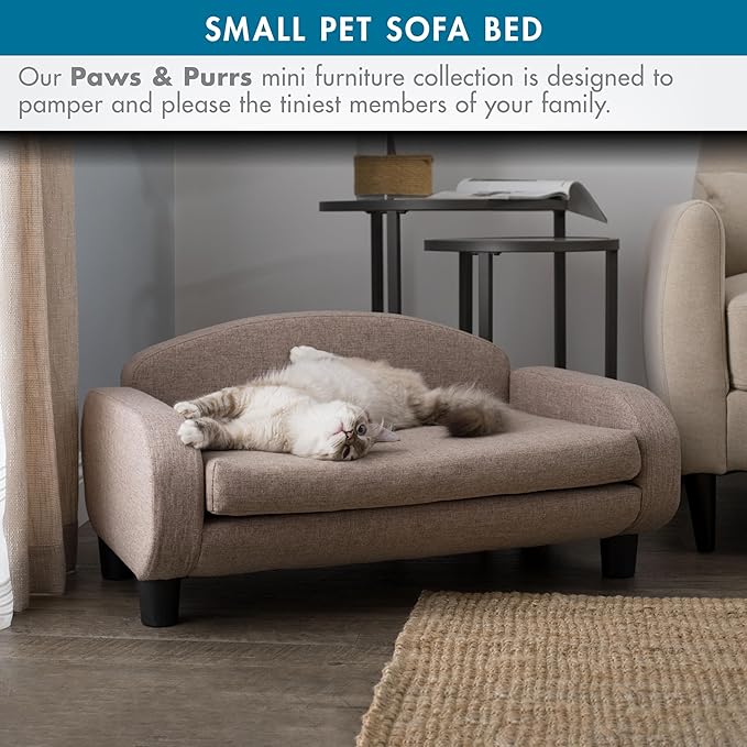 Paws & Purrs Cat Sofa Bed, Pet Couch for Indoor Cats Elevated Cat Beds with Removable Washable Mattress Cover for Kitten, Puppy or Small Animal- 31.5" Wide, Sand-Mewly Pet