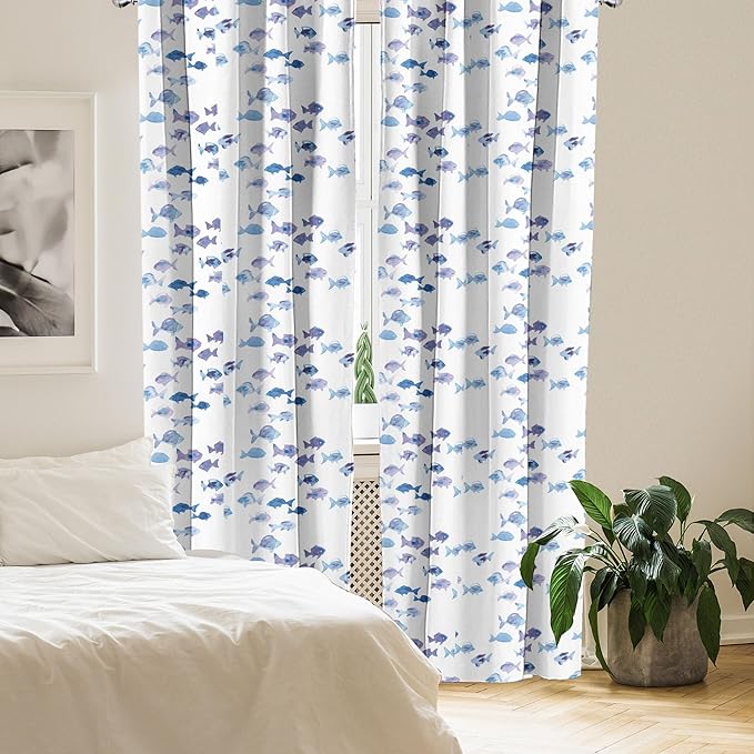 Ambesonne Animal Window Curtains, Little Fishes Watercolors Ocean Underwater Life Marine Theme Art, Lightweight Decor 2-Panel Set with Rod Pocket, Pair of - 28" x 63", Blue