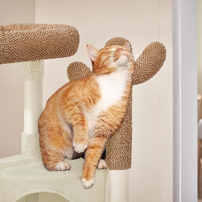 Yaheetech Cactus Cat Tree, 42in Cat Tower for Indoor Cats, Multi Level Kitten Condo Scratching Post, Pet Activity Center Furniture w/Ball, Plush Perch, Platform, Basket, Beige/Brown-Mewly Pet