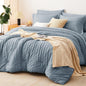 CozyLux Grayish Blue Queen Comforter Set Seersucker 7 Pieces Dusty Blue Bed in a Bag Queen Comforter Set with Sheets, Luxury Bedding Set with Down Alternative Comforter, Sheets, Pillowcases & Shams