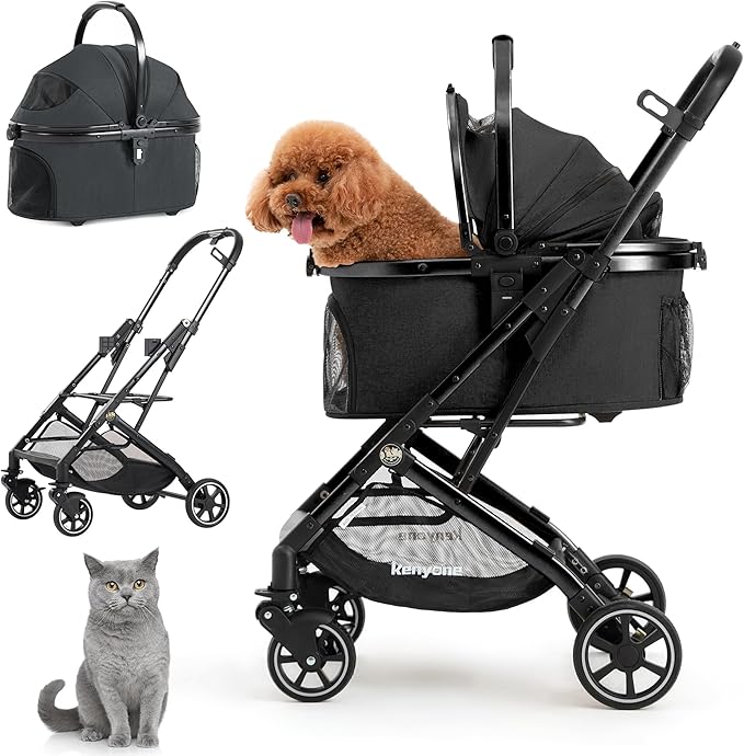 Kenyone 3-in-1 Pet Stroller for Small Medium Dogs Puppy Cat Stroller with Detachable Carrier & Pad Lightweight Foldable Aluminum Alloy Frame Dual No-Zip Entry(Black)-Mewly Pet
