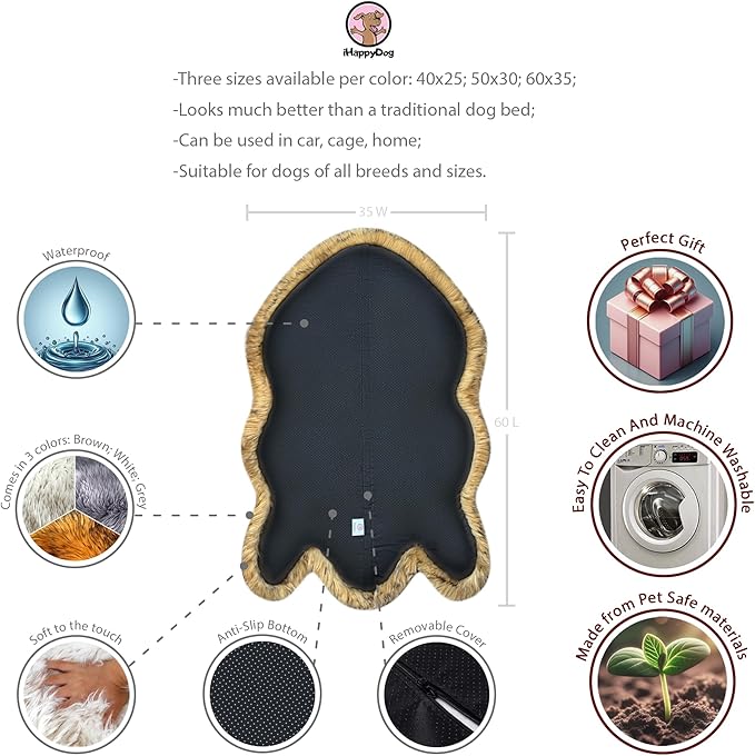 IHAPPYDOG Luxury Faux Fur Orthopedic Dog Bed, Memory Foam Dog Bed for Small, Medium, Large and XL Pets, Fluffy Pet Bed with Waterproof and Washable Cover (Brown, 60"x35")-Mewly Pet