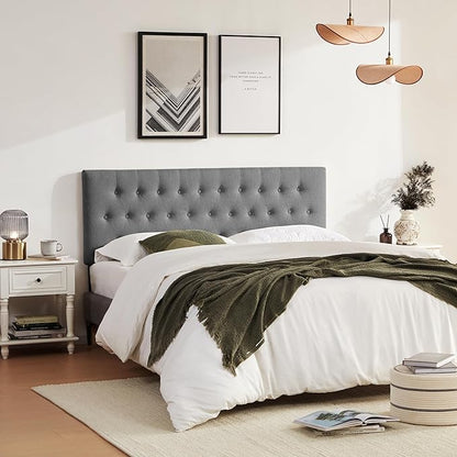 Tufted Upholstered Headboard Queen Size, Solid Wood Head Board with Durable Metal Legs, Adjustable Height Bed headboard from 37” to 51” Fabric Headboard in Modern Button Design, Grey