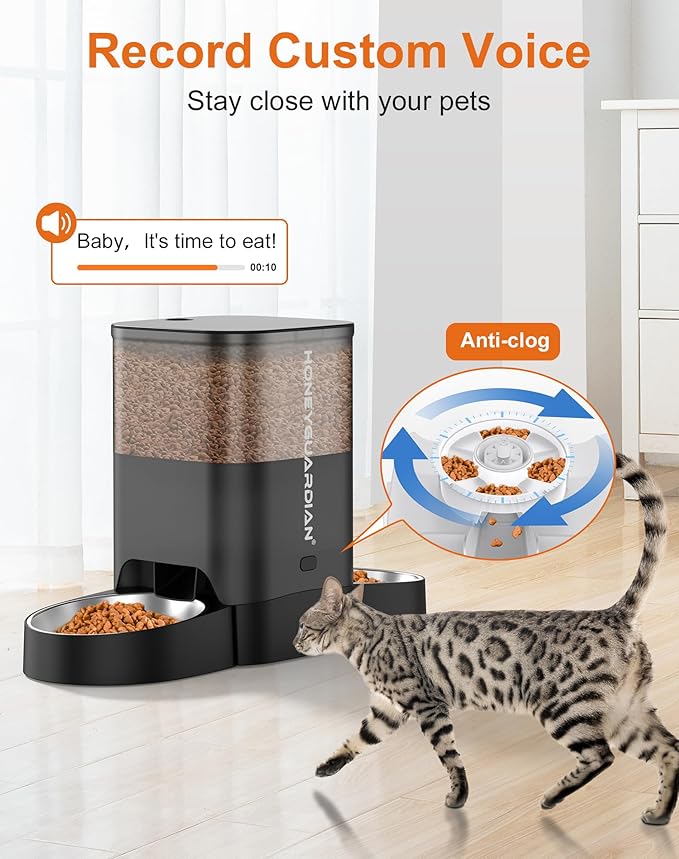 HoneyGuaridan Automatic Cat Feeder for Two Cats, 5G WiFi Smart Feed Pet Feeder with Stainless Steel Bowl,APP Control Dispenser, Dual Power Supply,Desiccant Bag,10s Meal Call Black-Mewly Pet